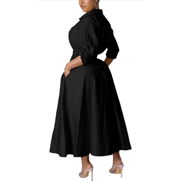 NEW Collar Neck High Waist Flared Button Down Maxi Shirt Dress XL - Picture 6 of 7